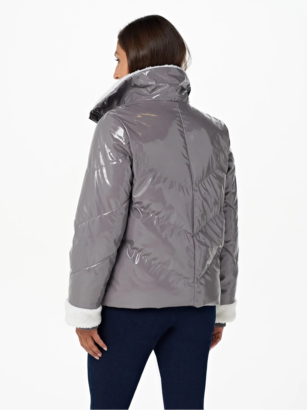 G.I.L.I. Shiny Gray Puffer Jacket with White Sherpa Trim Sz M - Picture 2 of 8